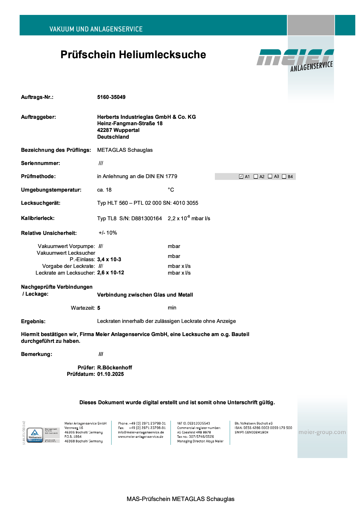 Prüfschein Heliumlecktest
